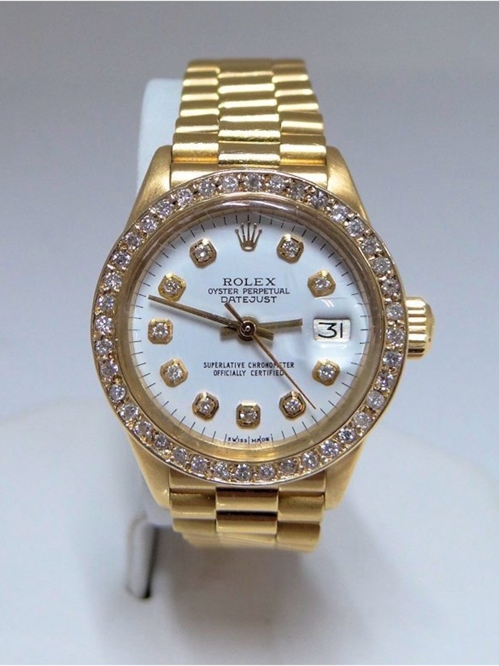 Rolex Gold Women's Datejust with White Dial and Diamond Bezel